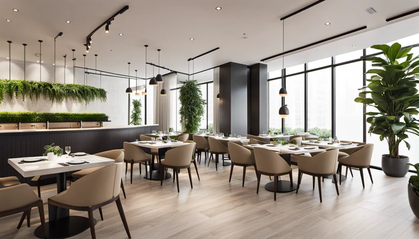 Create a serene and minimalist restaurant environment inspired by Zen principles. Utilize neutral colors, clean lines, natural textures, and strategic use of indoor plants to achieve a calming and balanced atmosphere.