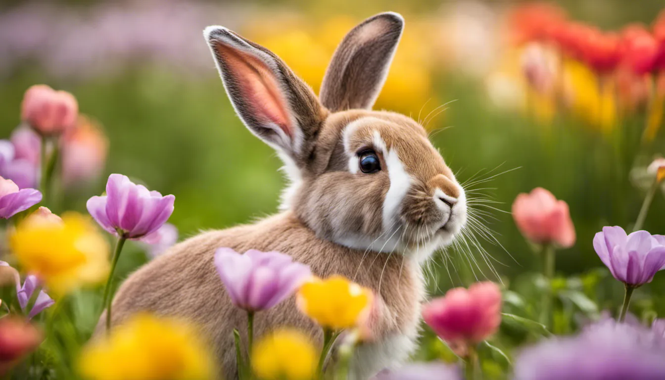 Whimsical Easter bunny amidst a field of vibrant spring flowers, delicate petals in focus, bunny's playful expression capturing the joy of the season. Camera settings: Macro lens, f/2.8, 1/200 sec, ISO 200.