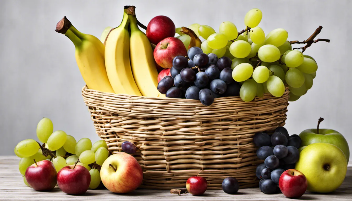 Create image banana, grapes and apples fruits in a white basket