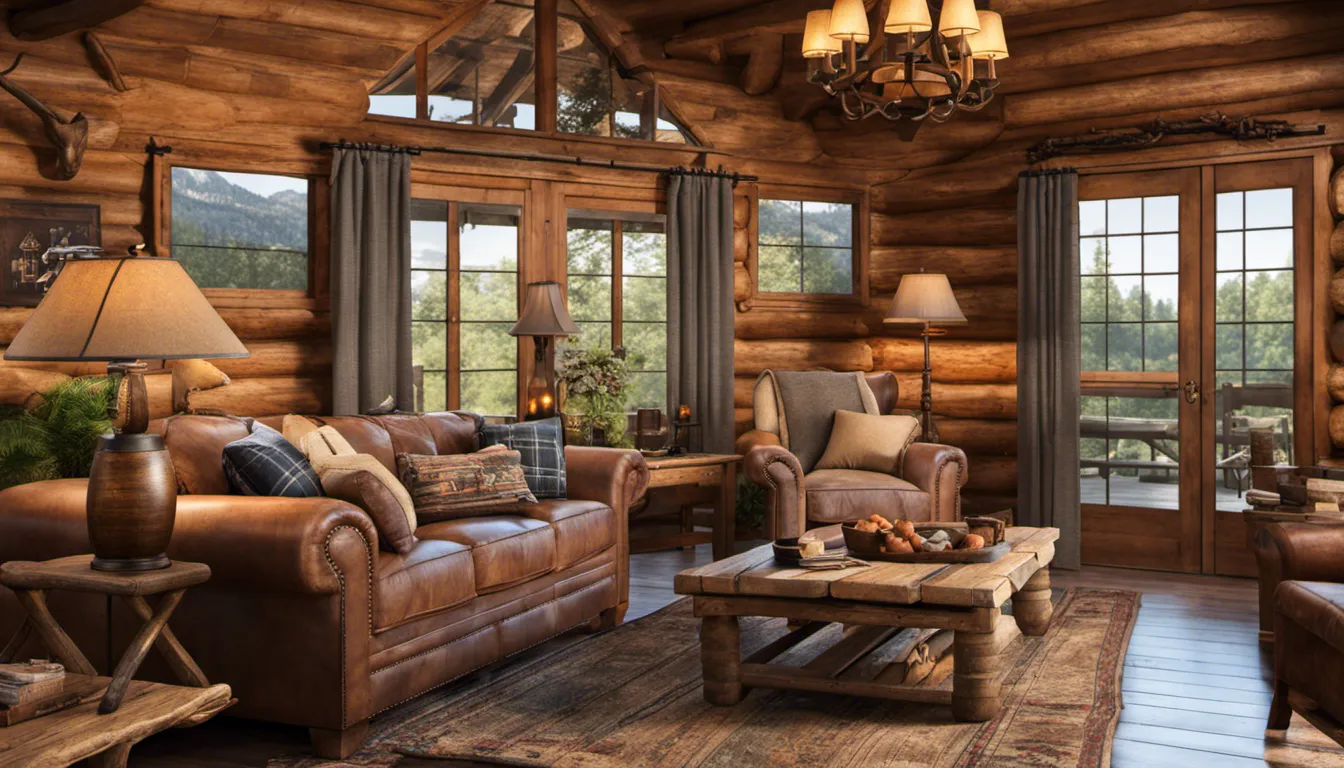 An authentic beautiful log cabin interior design with handcrafted wooden furniture, stone fireplace, antler chandelier, hand-stitched quilts, and a welcoming ambiance that embraces the beauty of nature. Camera settings: Prime lens, f/3.5, 1/60 sec, ISO 320.High Quality, Ultra HD (8K Ultra HD), Realistic,Sharp,Clear