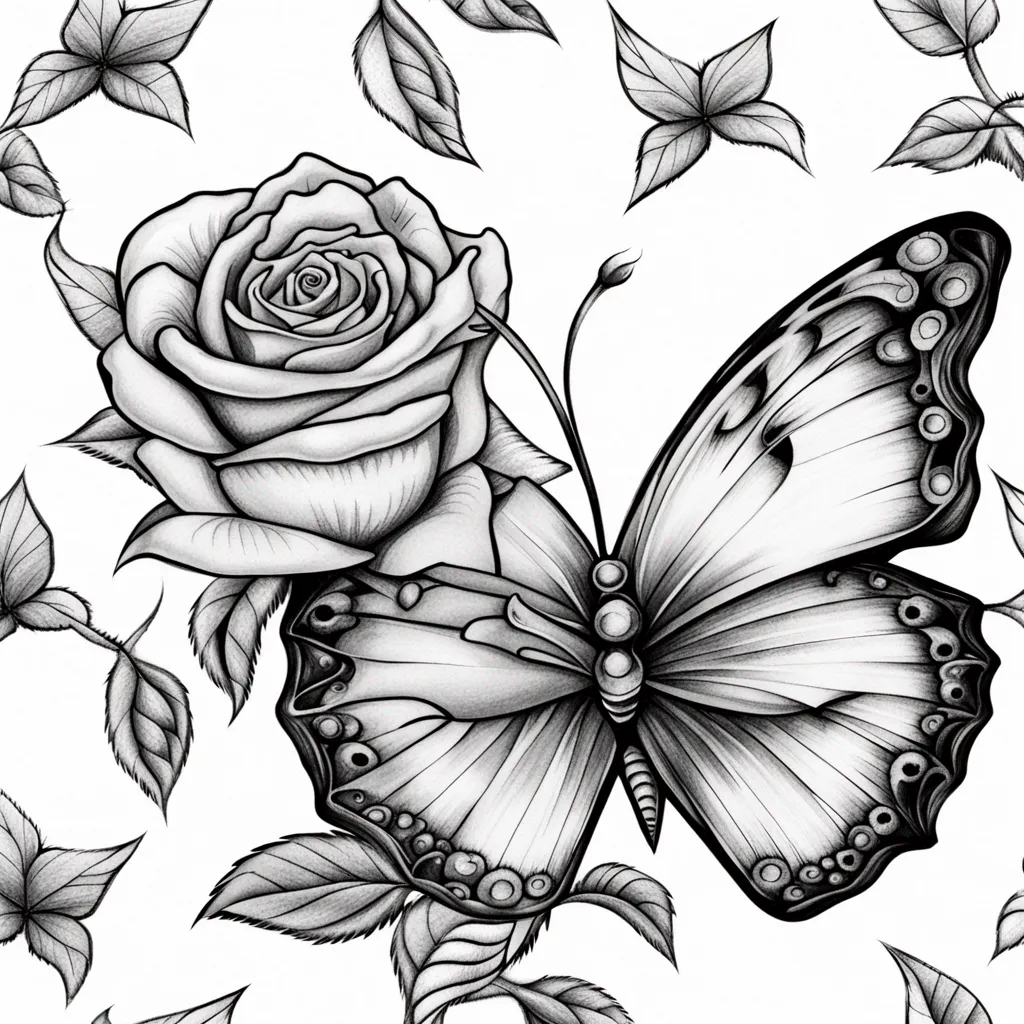 Sketch of tattoo art, butterfly with rose,High-resolution, Saturated, Contrasted, Top-down, 8K, Ultra-HD, Detailed, Sharp, Clear, Depth-filled, Quality, Meticulous