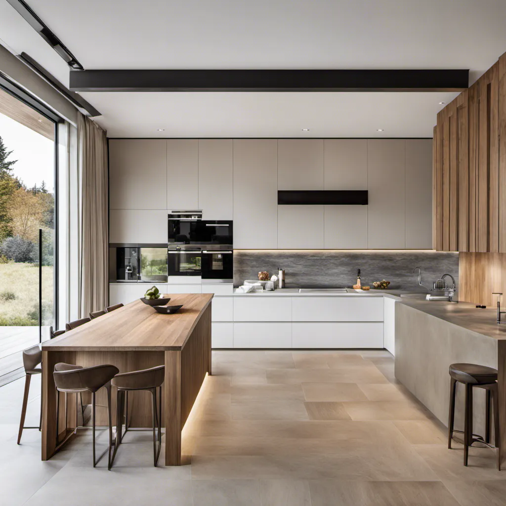 minimalist neutral kitchen bringing in natural elements of wood, stone and light