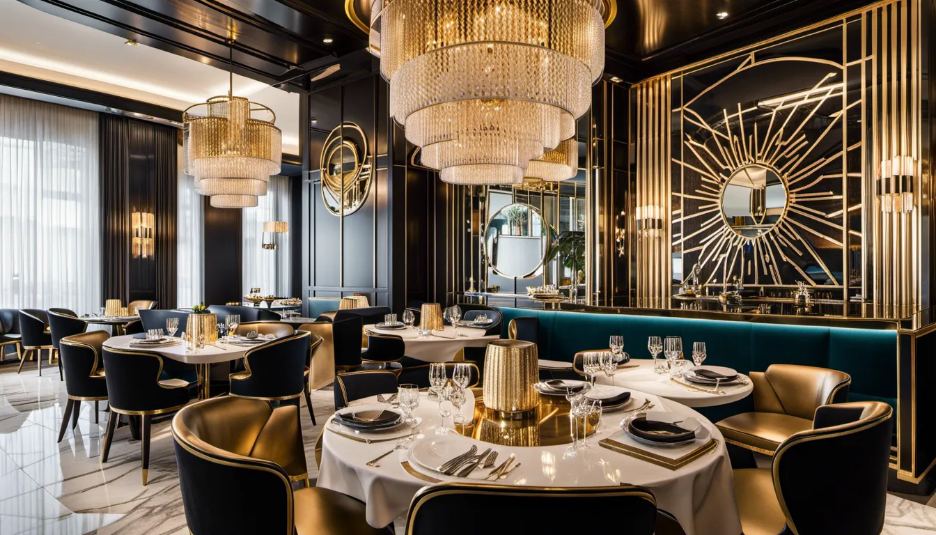 Envision a restaurant interior that radiates glamour with a lavish use of gold accents, mirrored surfaces, and Art Deco-inspired design elements. Create a sense of drama and sophistication that leaves diners in awe.