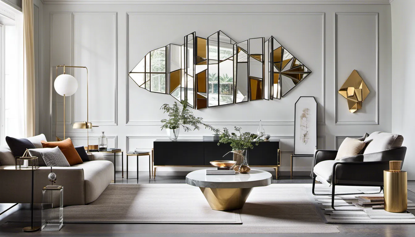 A modern and visually engaging arrangement of geometric mirrors, wall hangings, and artworks, creating a sense of dynamic balance.