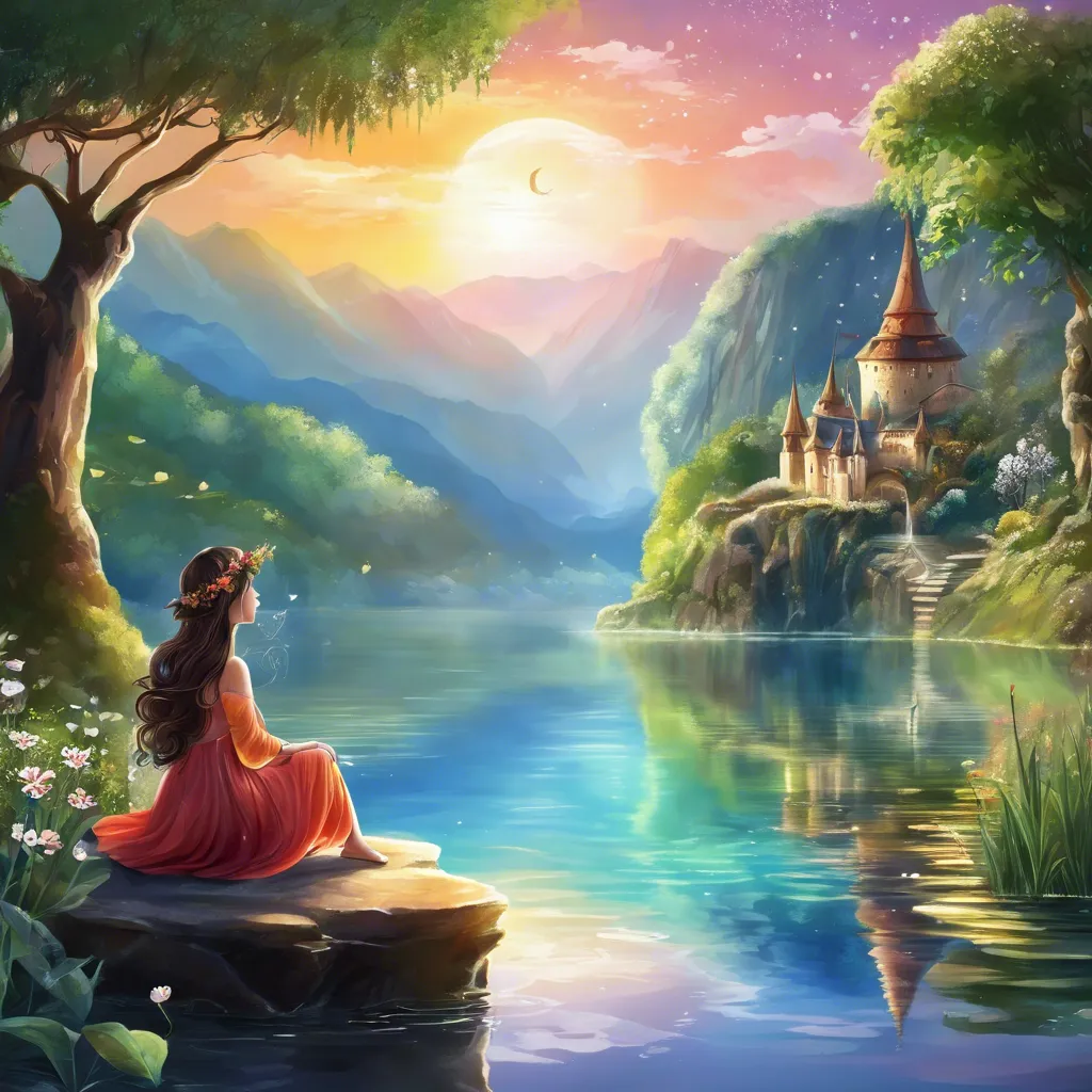 a scenery with magical view and a fairy is sitting beside water