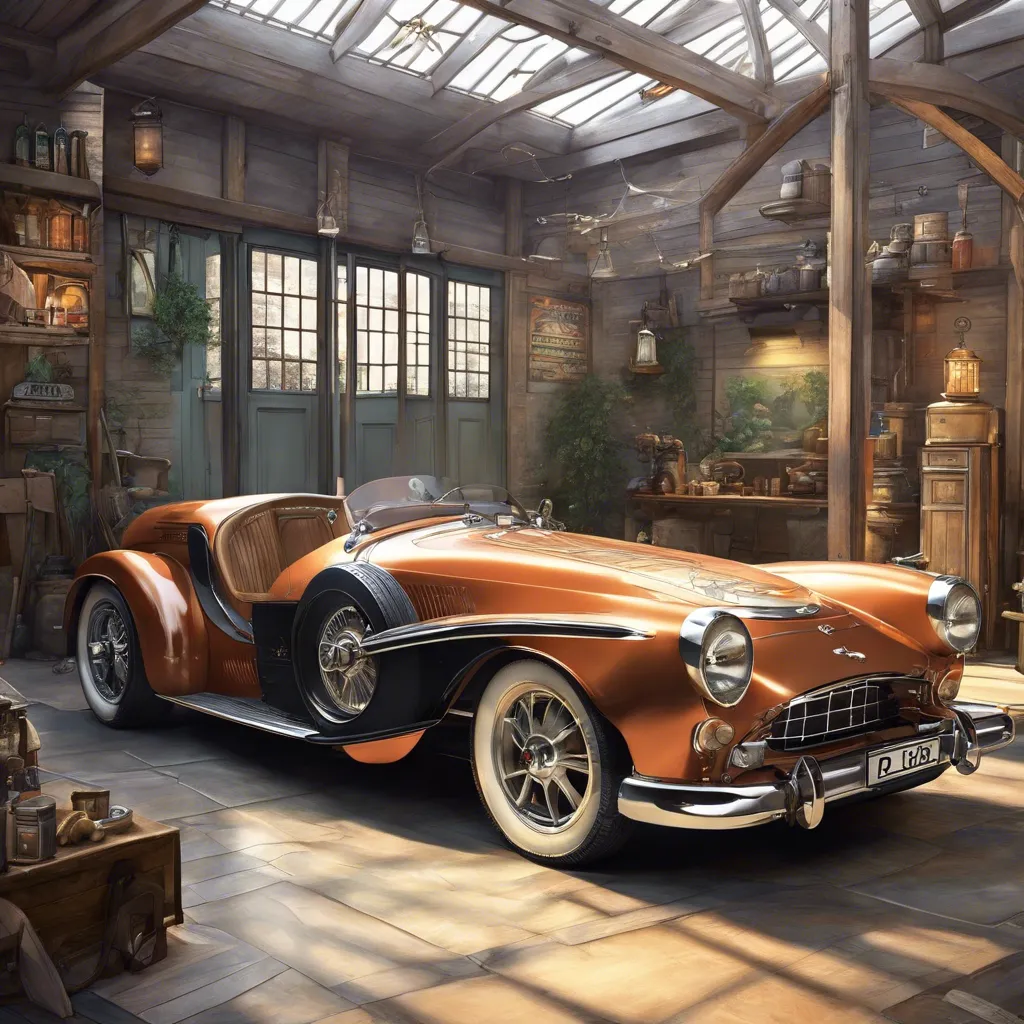 fullbody ((( cars: 1,8 )))), inside a large spacious garage , very realistic, wheels, headlights,   license plates, slowly, everything is drawn in detail by alfons mucha --stop 48 --ar 5:3 --uplight 